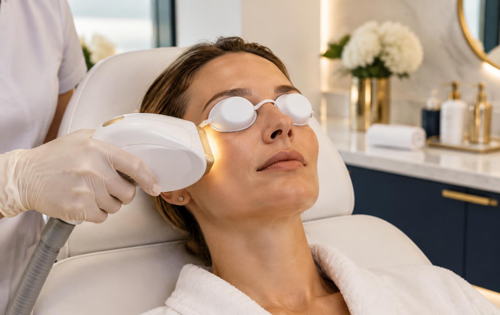 Patientin erhält eine IPL-Behandlung unterhalb der Augen mit Schutzschalen in einer Schweizer Klinik