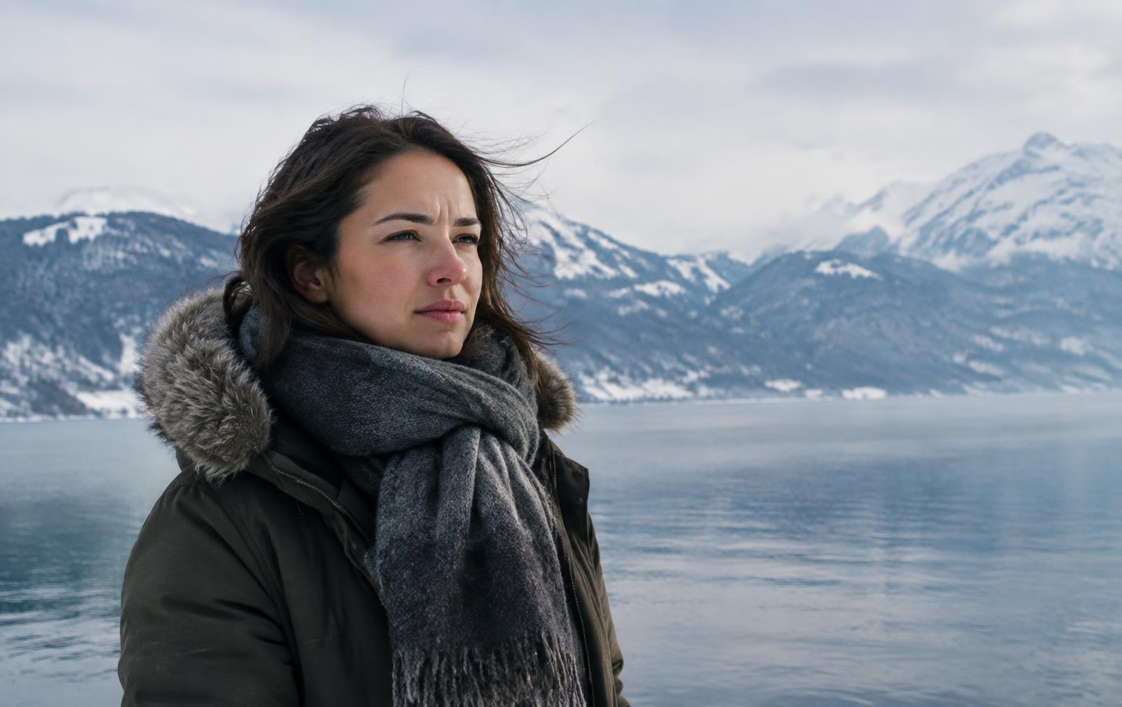 Frau mit Schal an einem winterlichen Schweizer See blickt in kalten, trockenen Wind